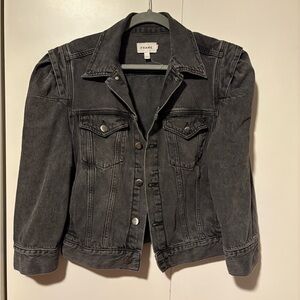 Frame Denim Rosette Jacket in Ozone Medium Washed Black Gray Puffed 3/4 Sleeve